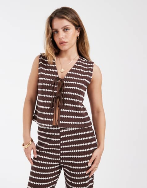 ONLY Petite knit vest co-ord in brown stripes - view 1