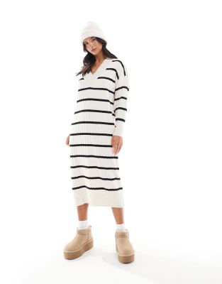 knitted v neck midaxi dress in cream and black stripe-White