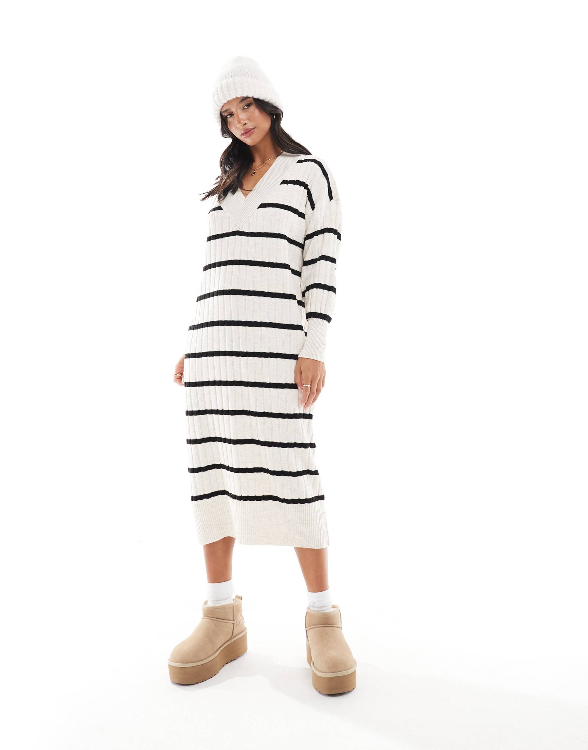 only petite knitted v neck midaxi dress in cream and black stripe