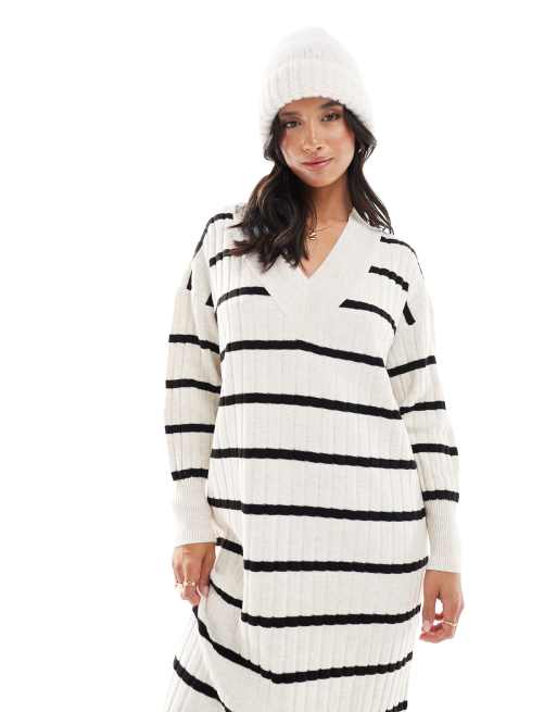 ONLY Petite knitted v neck midaxi dress in cream and black stripe  , 2 of 4