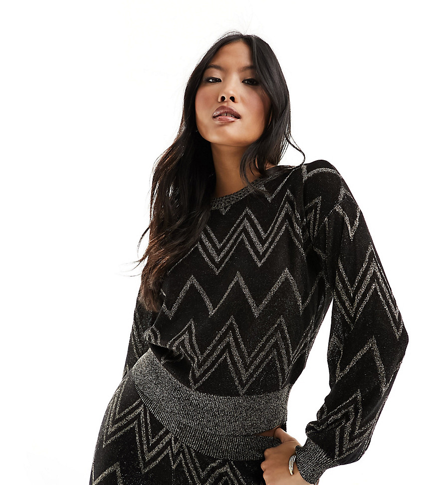 ONLY Petite lightweight chevron jumper co-ord in black and silver glitter