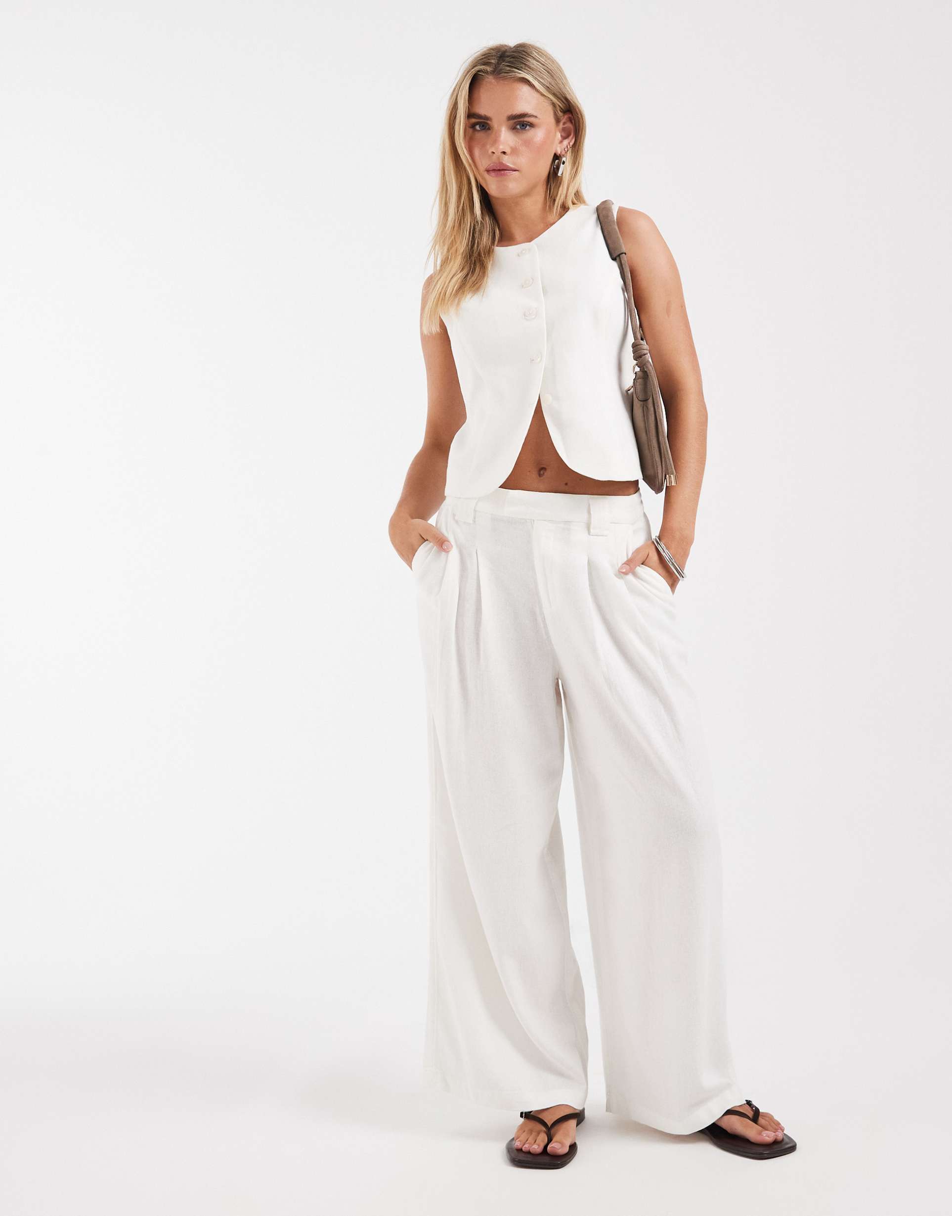 only petite linen blend tailored wide leg pants in white - part of a set