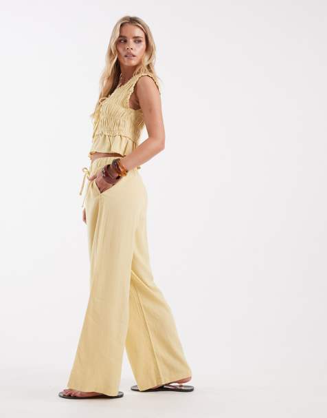 ONLY Petite linen blend tie front ruched top &  linen blend pull on trousers co-ord in pale yellow - view 1