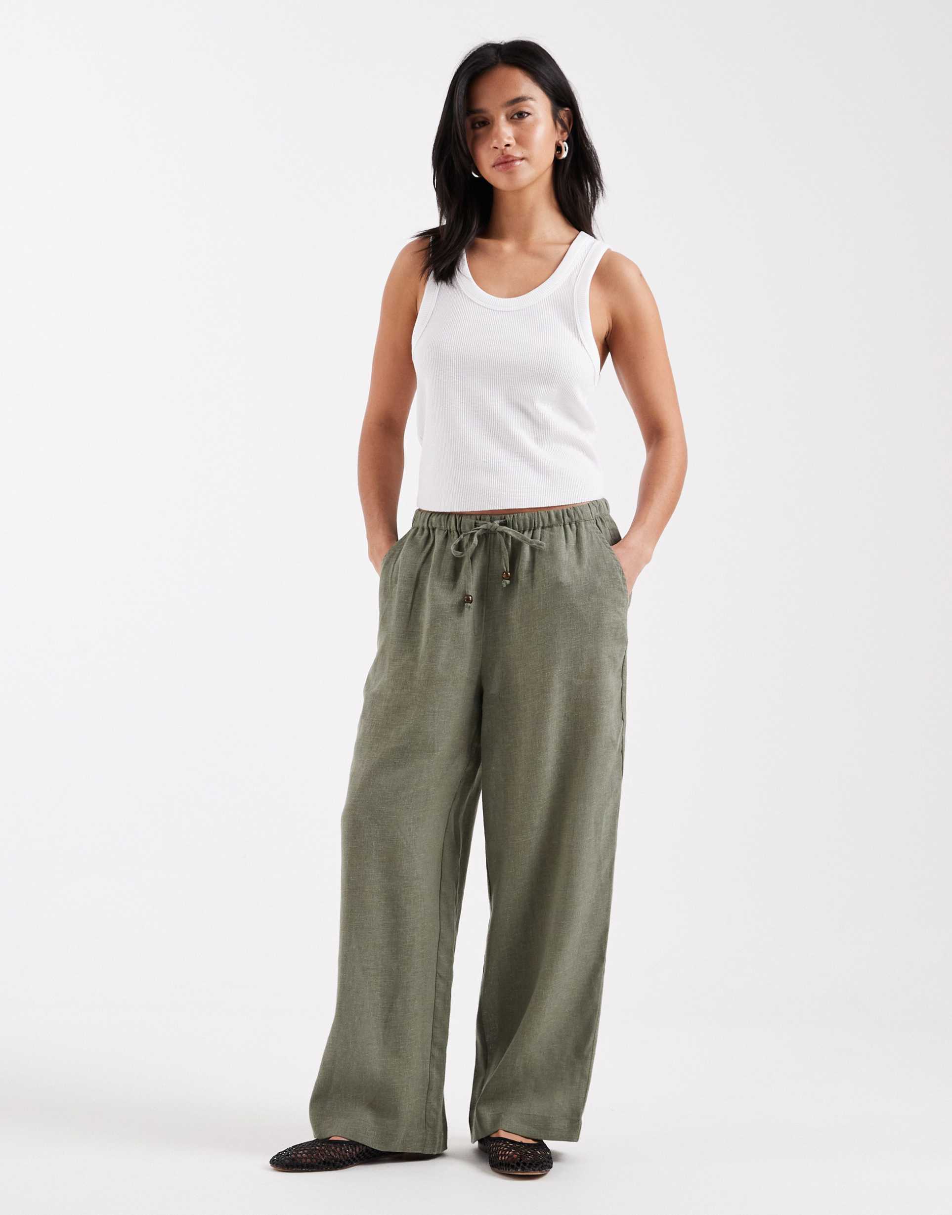 only petite linen blend wide leg pants in light khaki