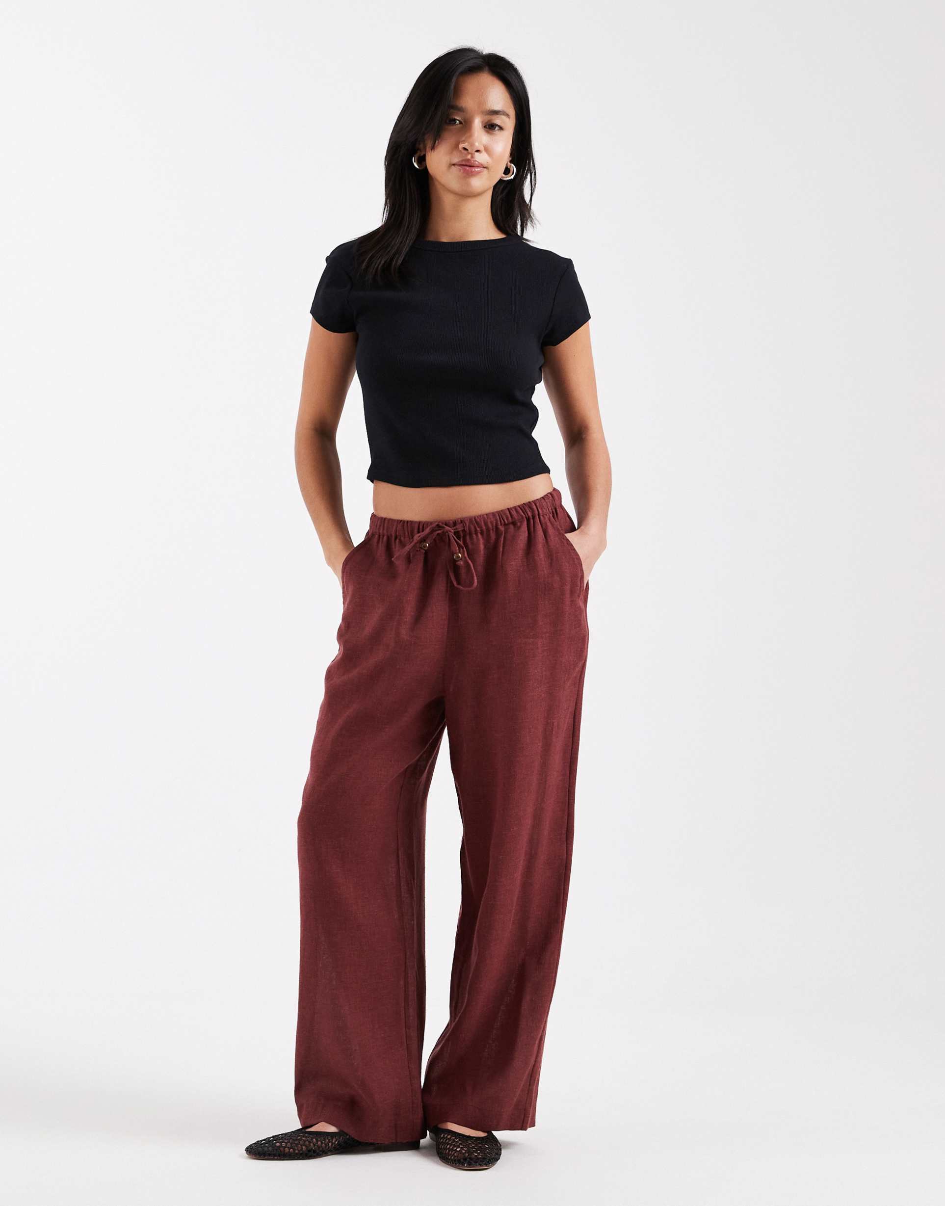only petite linen blend wide leg pants in rust
