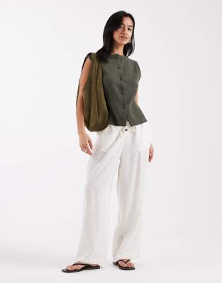 ONLY Petite linen blend wide leg pants in white