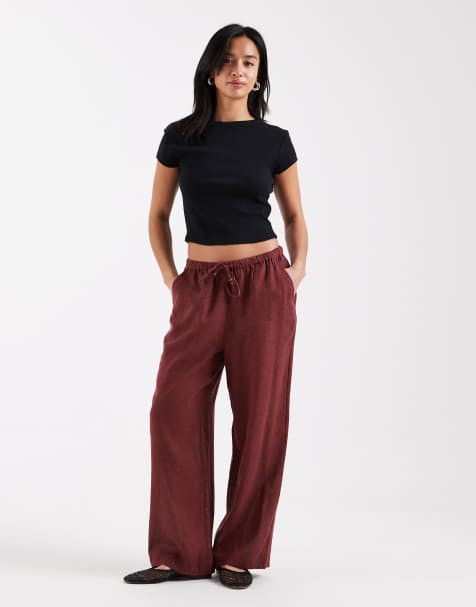 ONLY Petite linen blend wide leg trouser in burgundy - view 1