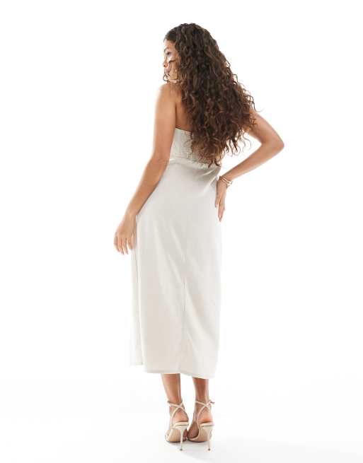ONLY Petite linen mix bandeau midi dress in stone, 2 of 4