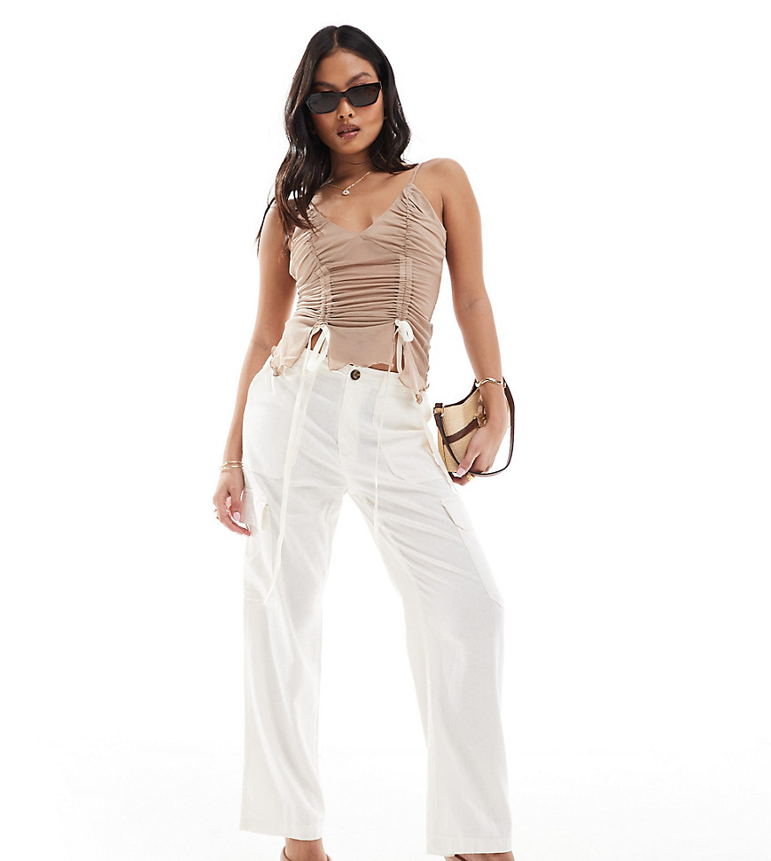 Only Petite Linen Mix Loose Fit Cargo Pants In White