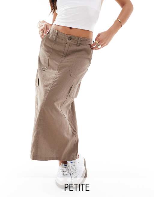 ONLY Petite linen mix midi cargo skirt in washed brown 