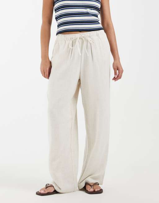 ONLY Petite linen mix pull on wide leg pants in beige, 2 of 5