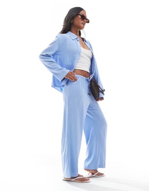 ONLY Petite linen mix pull on wide leg pants with beads detail in light blue - part of a set, 5 of 5