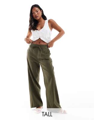 linen texture wide leg pants in khaki-Green