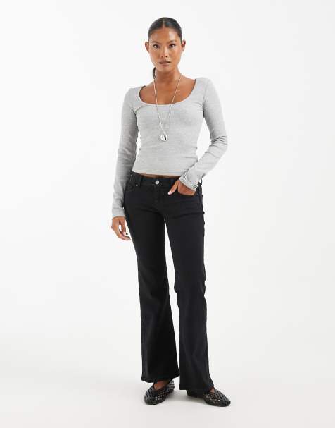 ONLY Petite Lola super low waist flared jeans i vasket sort - view 1