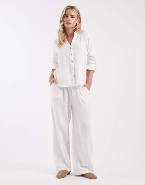 ONLY Petite long sleeve cheesecloth shirt & wide leg cheesecloth trouser co-ord in white - view 1