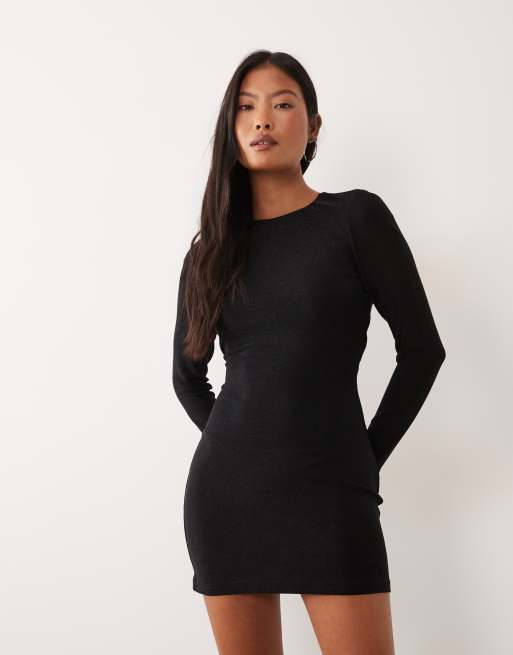 ONLY Petite long sleeve open back glitter mini dress in black, 2 of 4