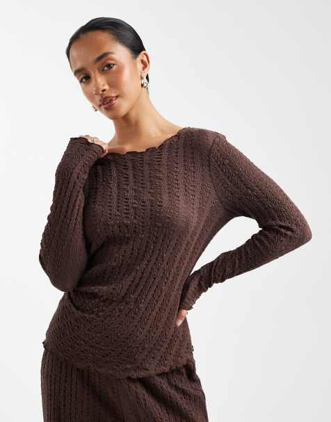 ONLY Petite long sleeve top co-ord with ruche detail in chocolate - view 1