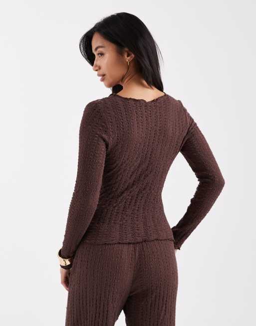 ONLY Petite long sleeve top co-ord with ruche detail in chocolate , 3 of 4