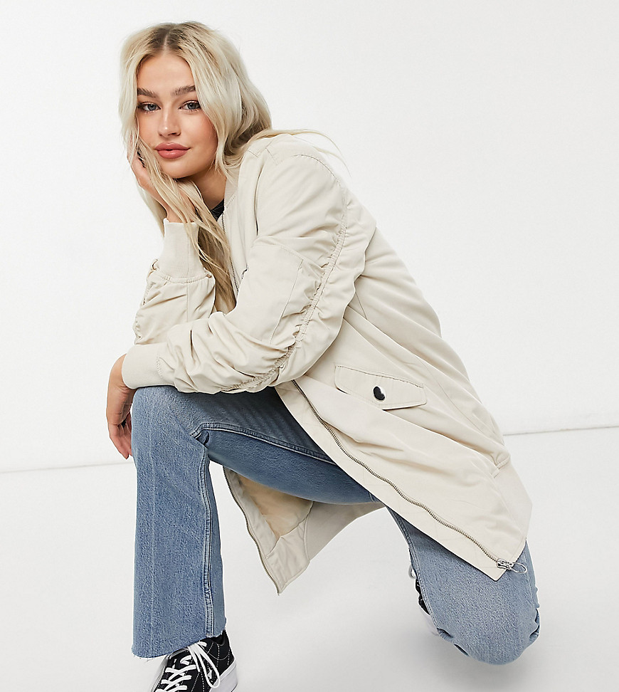Only Petite longline bomber jacket with ruched sleeves in stone-Neutral