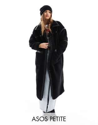 longline faux shearling coat in black