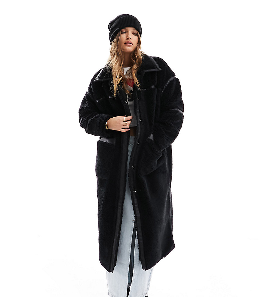 longline faux shearling coat in black