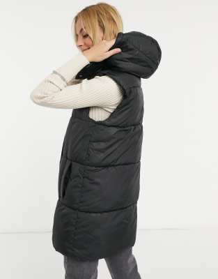 Black Longline Padded Hooded Gilet With Pockets