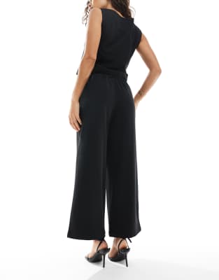 Only Petite Loose Fit Tailored Pants With String Detail In Black