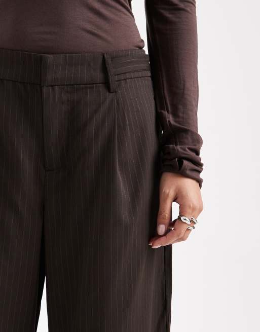 ONLY Petite low waist wide leg tailored trousers in brown pinstripe, 5 of 5