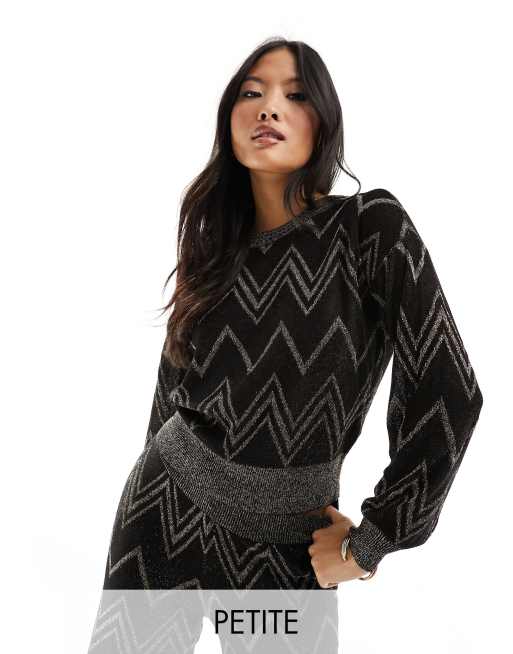 Only Petite - Maglione leggero nero con motivo a spina di pesce argentato glitterato in coordinato 