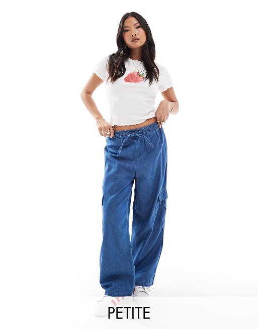 ONLY Petite Marla wide leg denim cargo pants in mid blue 