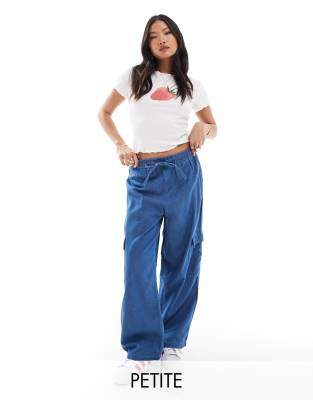 ONLY Petite Marla wide leg denim cargo trousers in mid blue