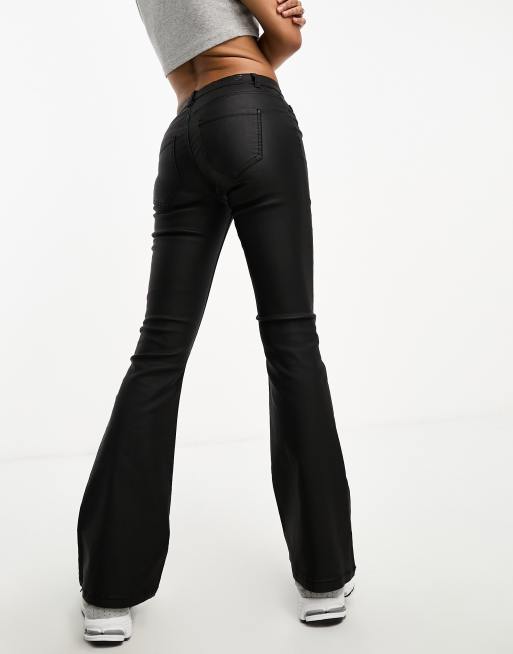 Only Petite mid waist coated flared pants in black