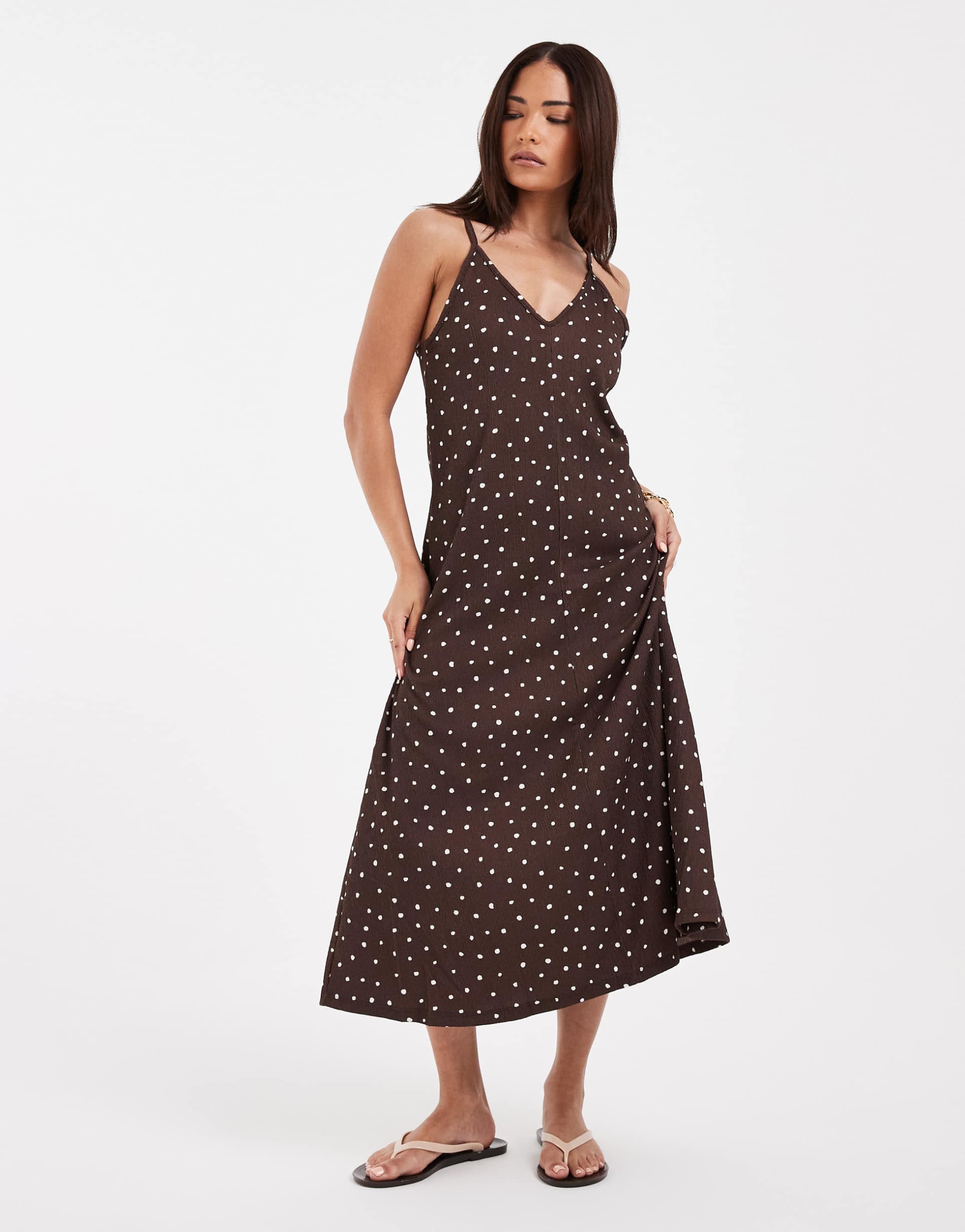 only petite midaxi dress in brown polka dots