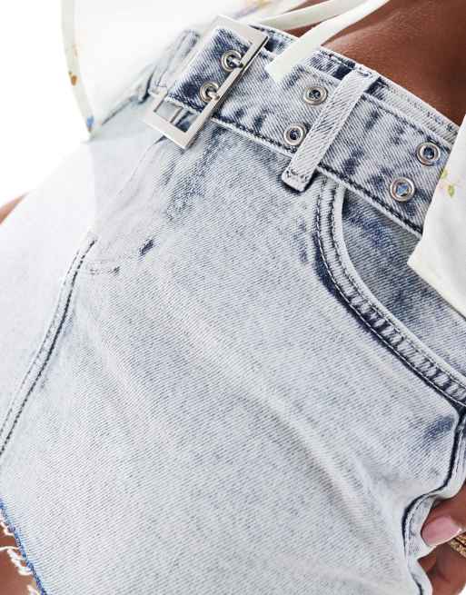 ONLY Petite mini belt denim skirt light acid wash 