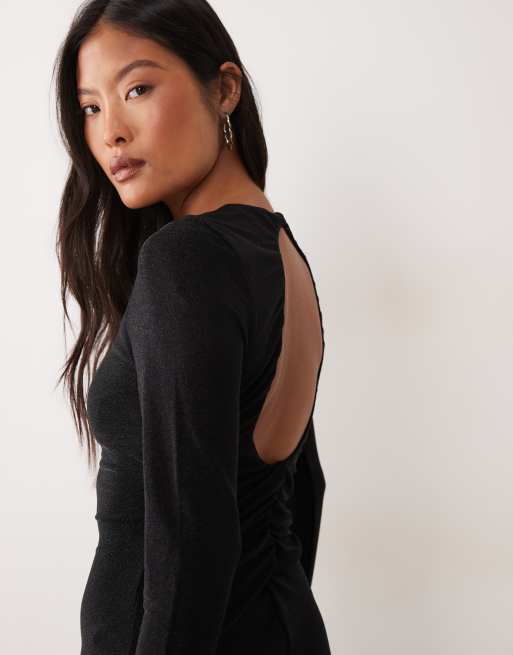 ONLY Petite mini jurk met lange mouwen, open rug en glitter in zwart, 3 van 4