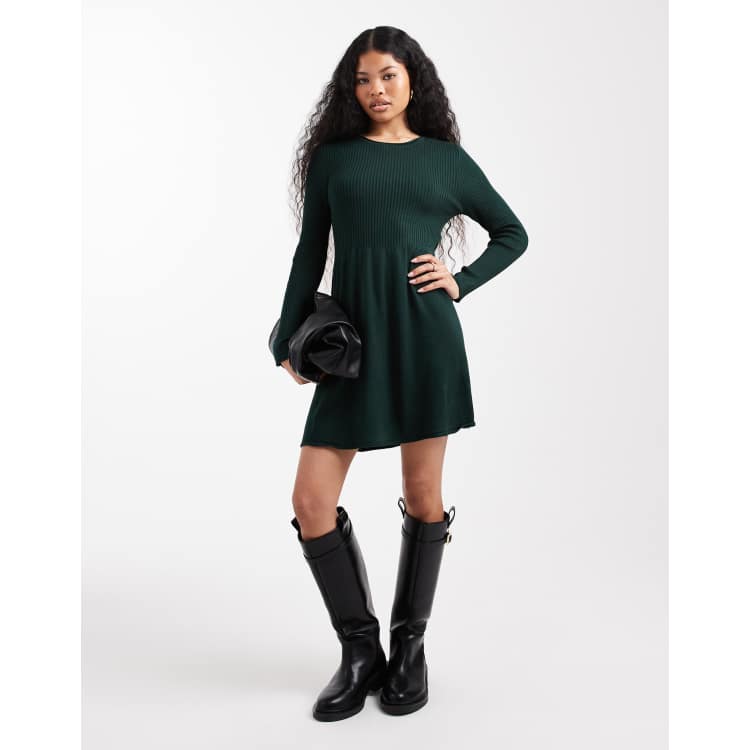 knitted skater dress ONLY Petite mini knit in dark green 942pc