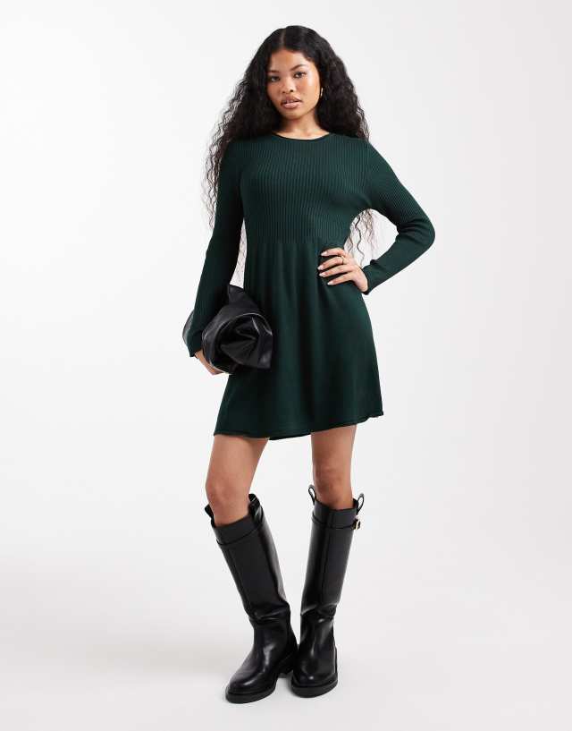 stretch knit skater dress ONLY Petite Mini in dark Green Ribbed knit