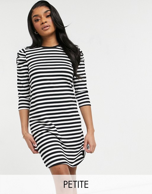 Only Petite mini swing dress with puff sleeve in black stripe