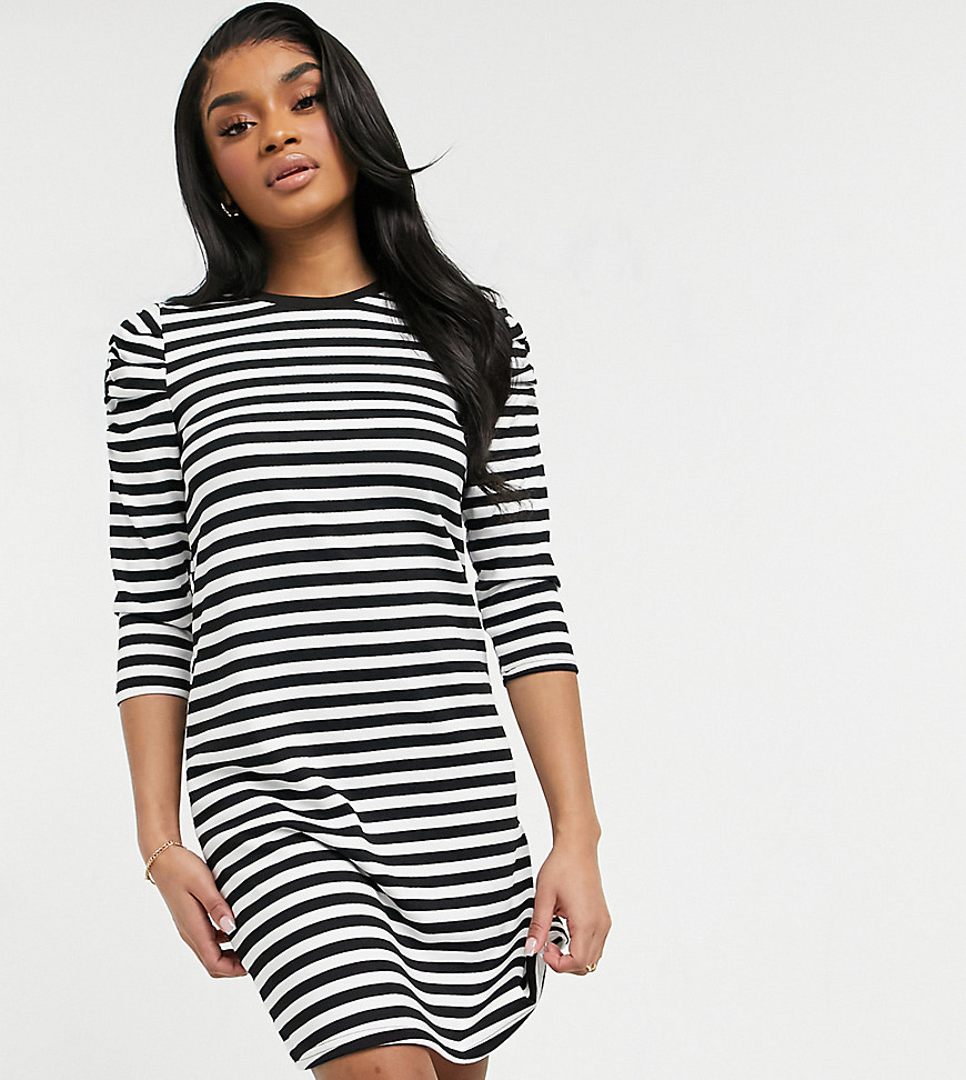 Only Petite mini swing dress with puff sleeves in black stripe