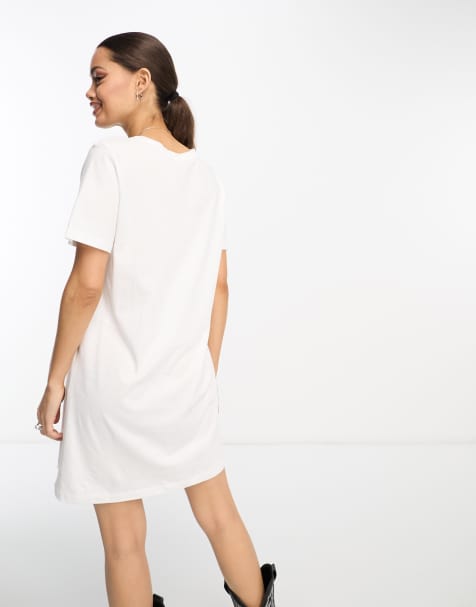 fitted white t shirt dress Brea White Cotton Embroidered Midi T-Shirt Dress – Finery London