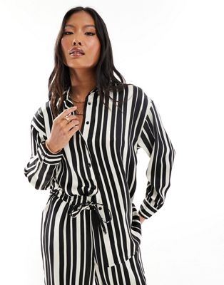 ONLY Petite oversized shirt co-ord in black and white stripe