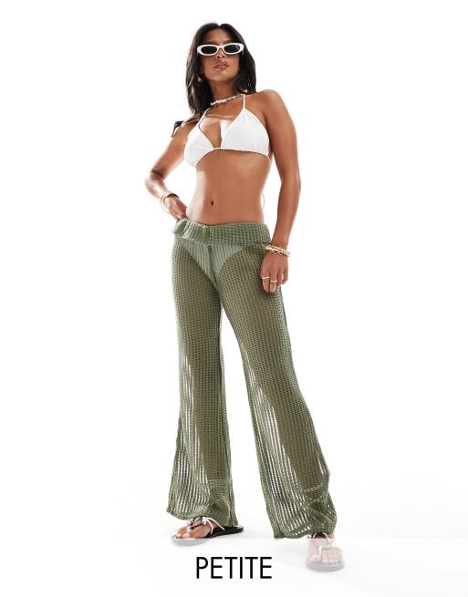 ONLY Petite - Pantalon de plage évasé avec revers à la taille - Vert clair  