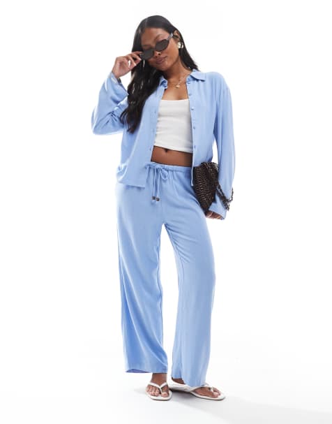 ONLY Petite - Pantalon d'ensemble ample à enfiler en lin mélangé avec perles - Bleu clair - view 1