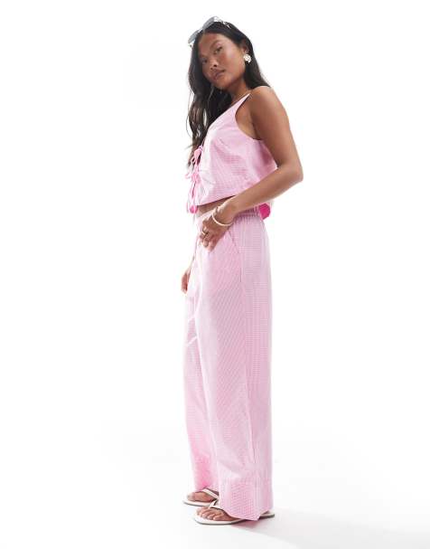 ONLY Petite - Pantalon d'ensemble ample avec taille style caleçon et carreaux vichy - Rose - view 1