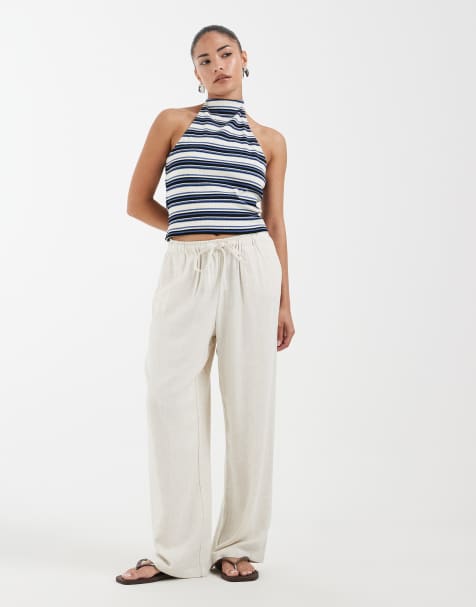 ONLY Petite - Pantaloni a fondo ampio in misto lino beige - view 1