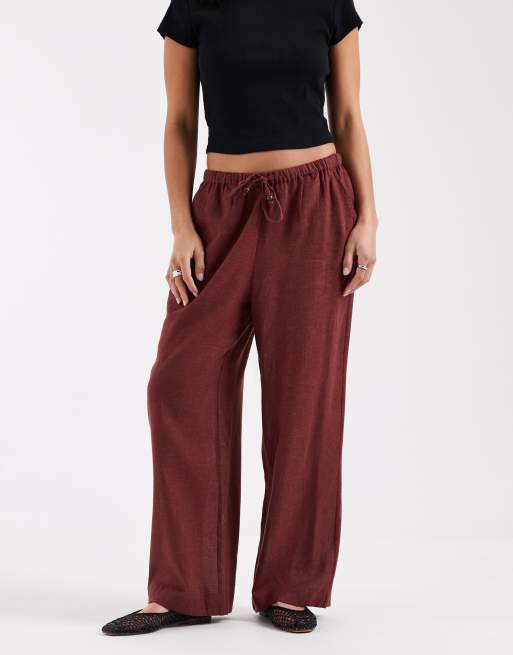 ONLY Petite - Pantaloni a fondo ampio in misto lino colore bordeaux, 3 di 5