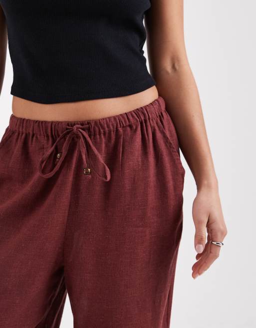 ONLY Petite - Pantaloni a fondo ampio in misto lino colore bordeaux, 5 di 5