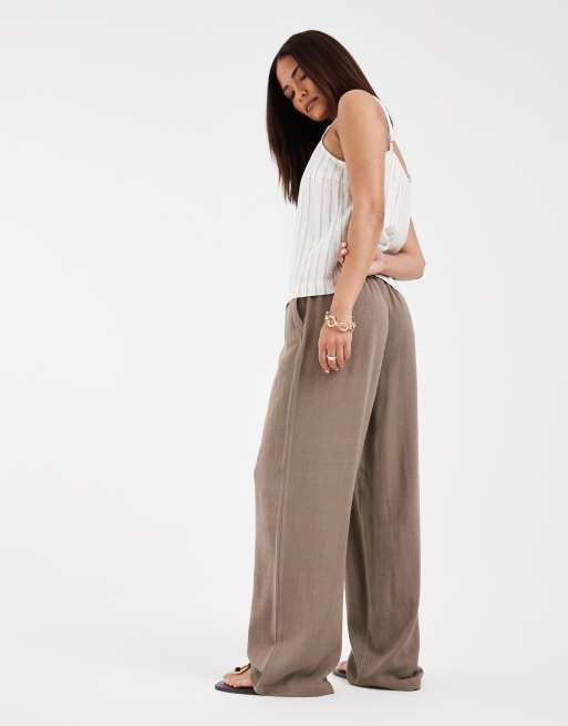 ONLY Petite - Pantaloni a fondo ampio in misto lino marroni, 2 di 5