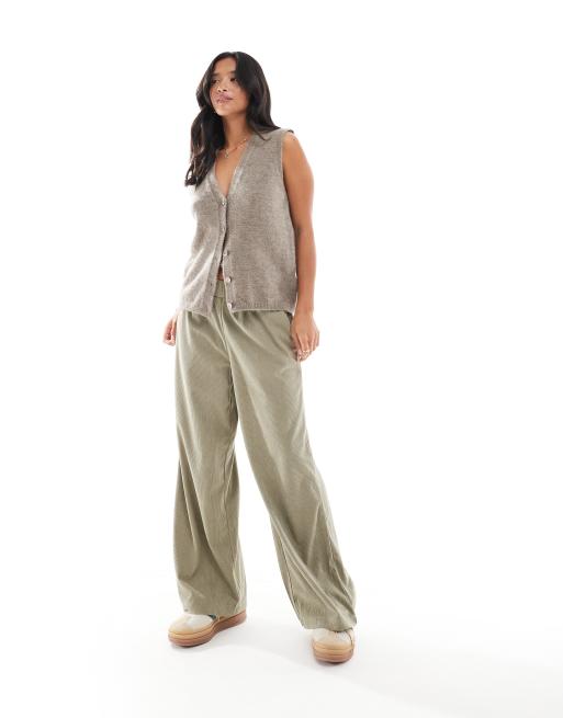 ONLY Petite - Pantaloni a fondo ampio verde salvia in velluto a coste , 3 di 5