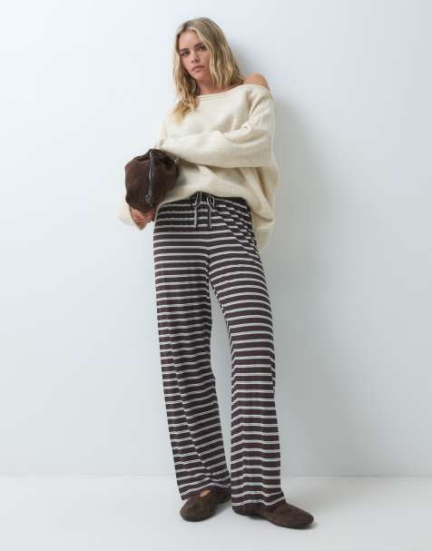 ONLY Petite pantaloni a gamba larga a righe marroni - view 1
